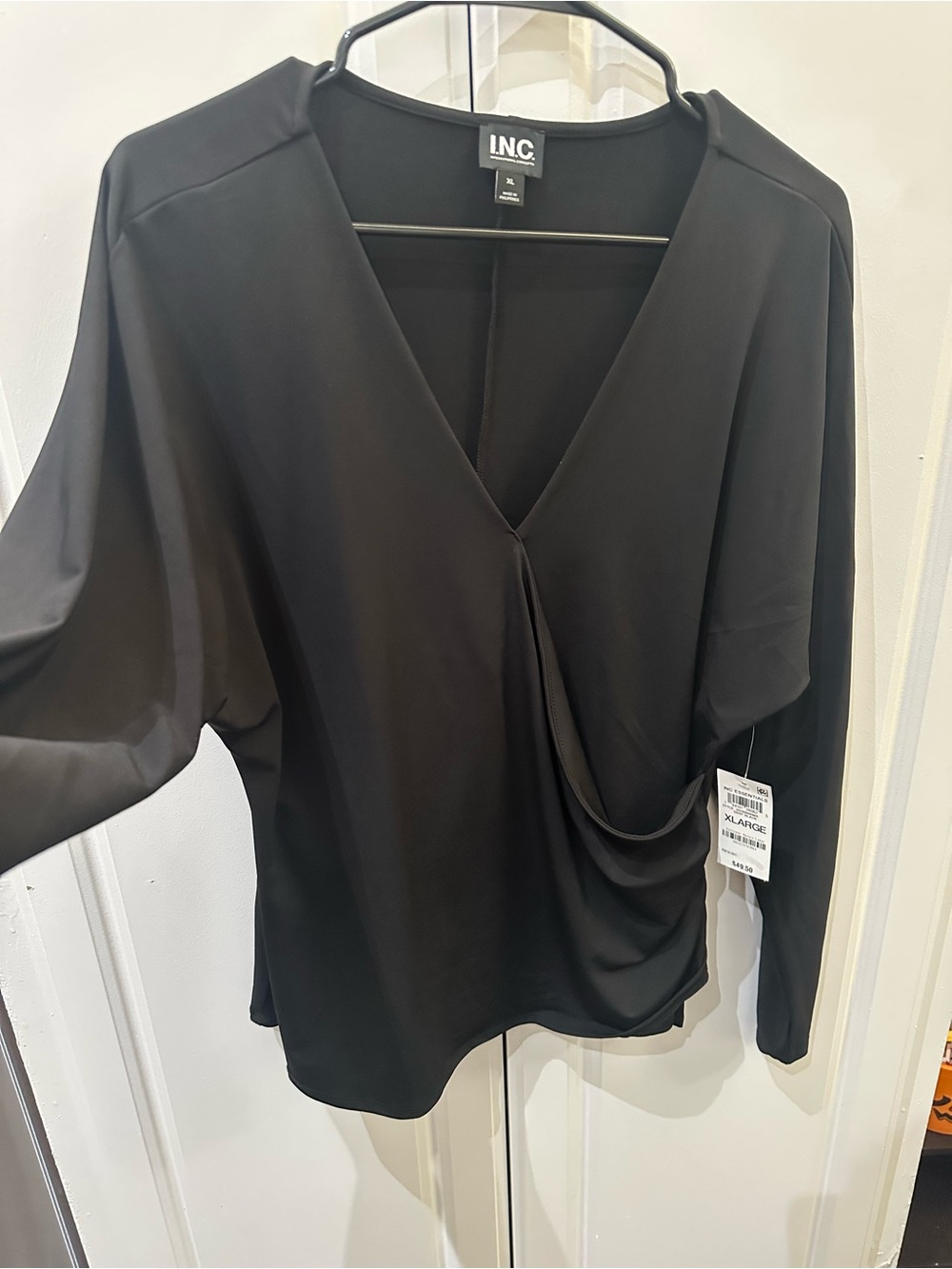 INC International Concepts Black Draped V-Neck Long Sleeve Blouse